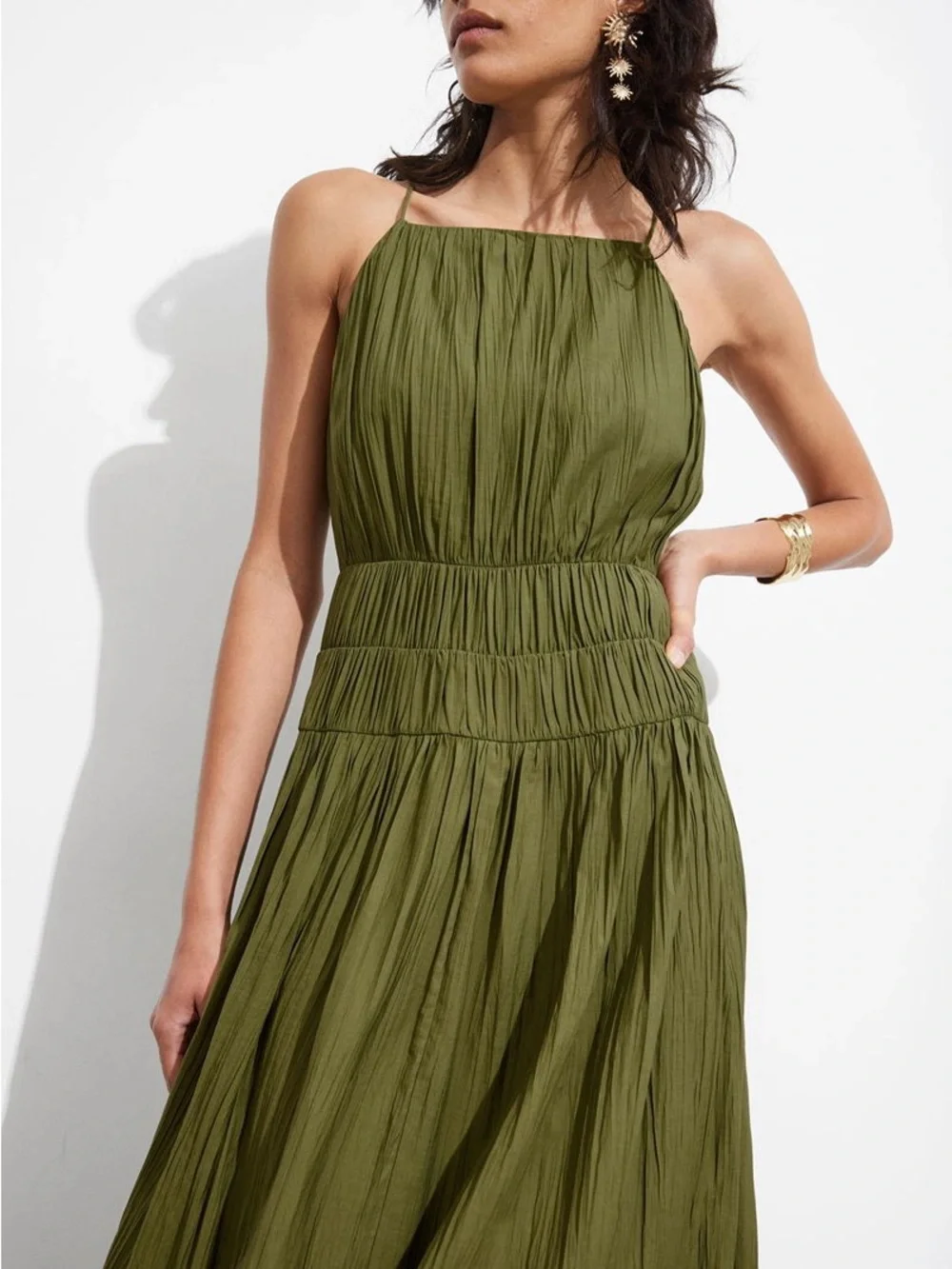 & Other Stories Olive Green Shirred‎ Sleeveless Midi Dress NWT Size 8